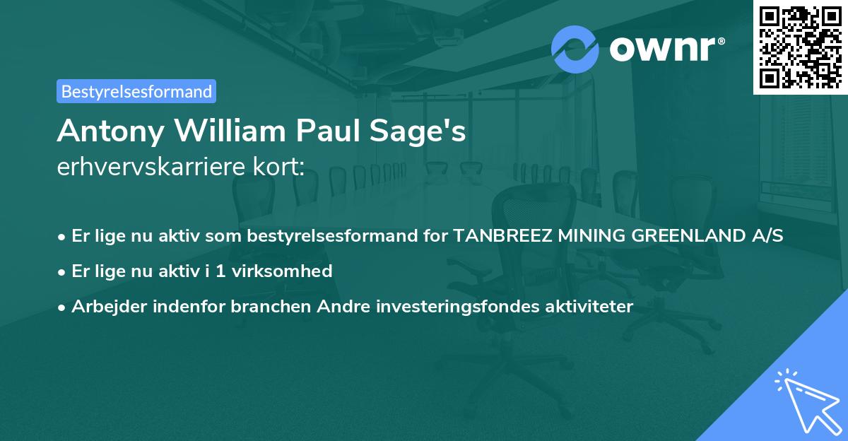Antony William Paul Sage's erhvervskarriere kort
