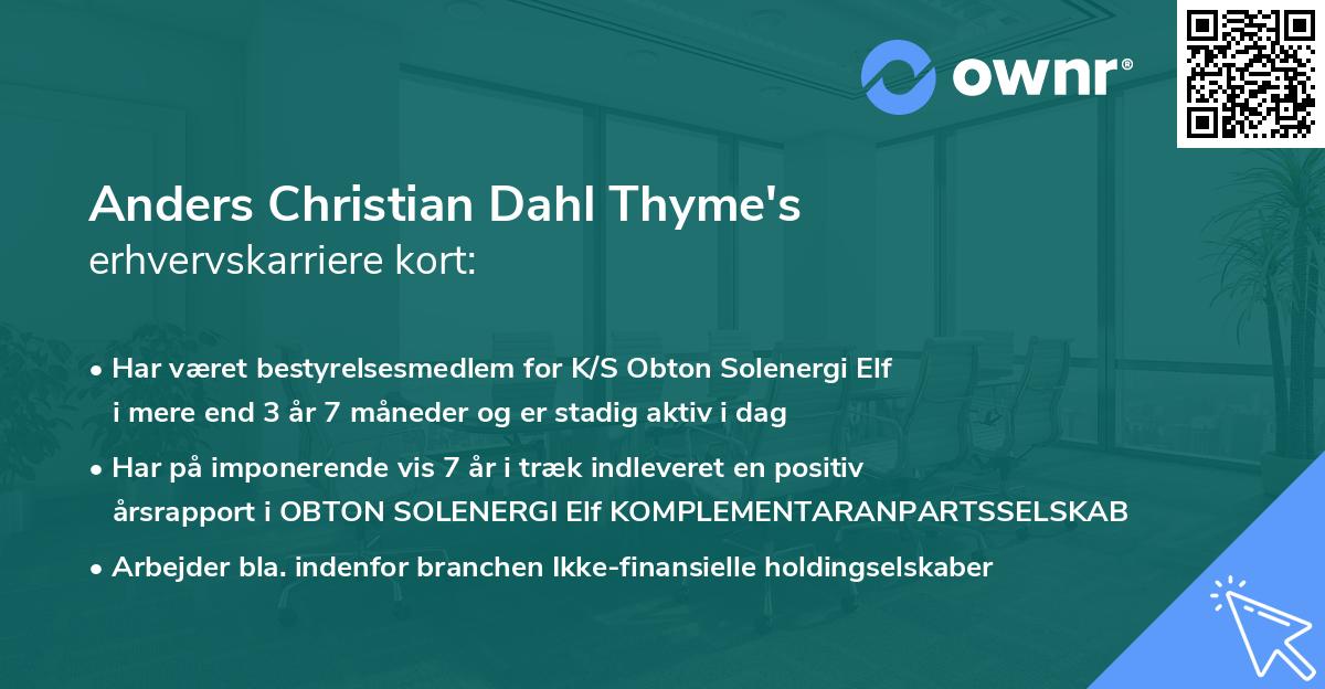 Anders Christian Dahl Thyme's erhvervskarriere kort