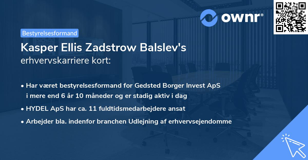 Kasper Ellis Zadstrow Balslev's erhvervskarriere kort