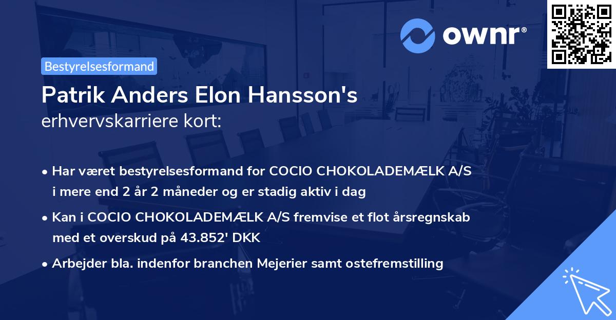 Patrik Anders Elon Hansson's erhvervskarriere kort