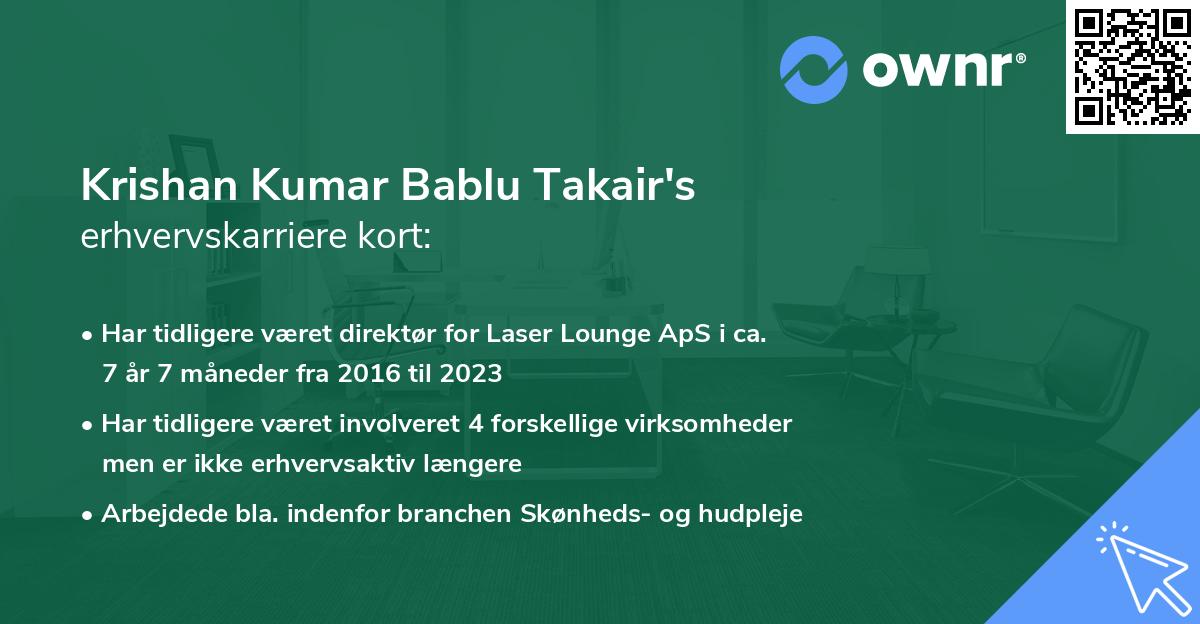 Krishan Kumar Bablu Takair's erhvervskarriere kort