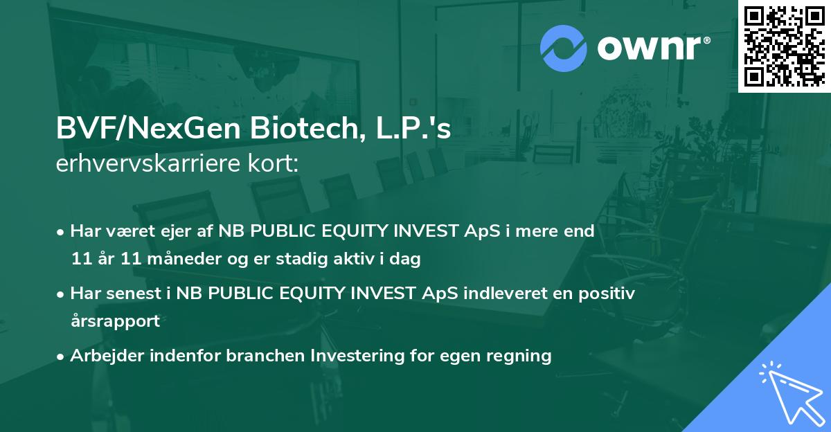 BVF/NexGen Biotech, L.P.'s erhvervskarriere kort